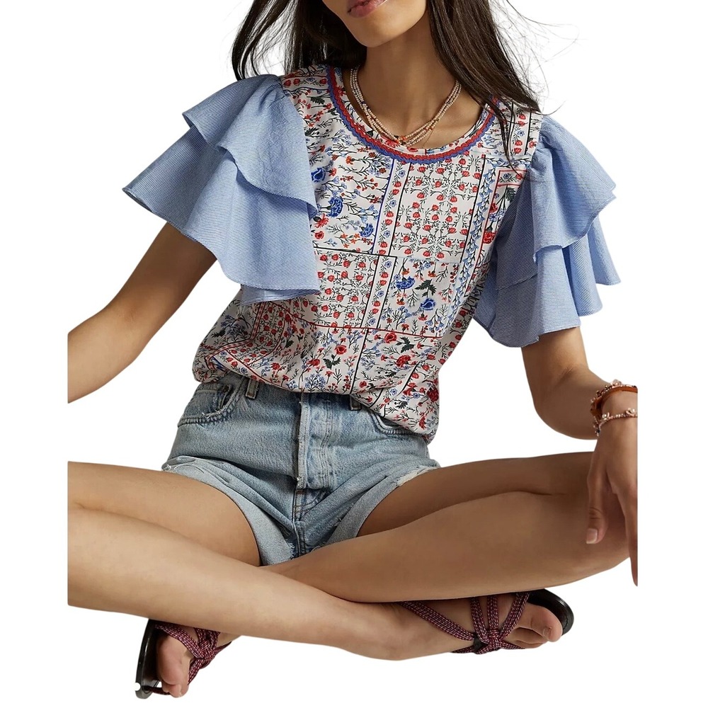 Anthropologie Let Me Be Flutter‎ Sleeve Top Patchwork Floral Size XS Cotton Boho - Picture 2 of 11
